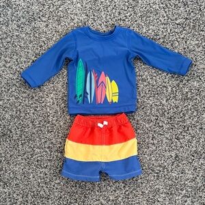 Hanna Andersson Blue Rashguard and Swim Trunks with Surfboard Print